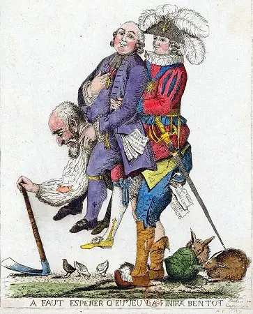 Caricature of the Third Estate carrying the First Estate (clergy) and the Second Estate (nobility) on its back