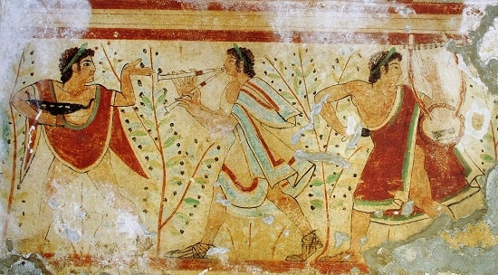 Etruscan painting, dancer and musicians, Tomb of the Leopards, in Tarquinia, Italy