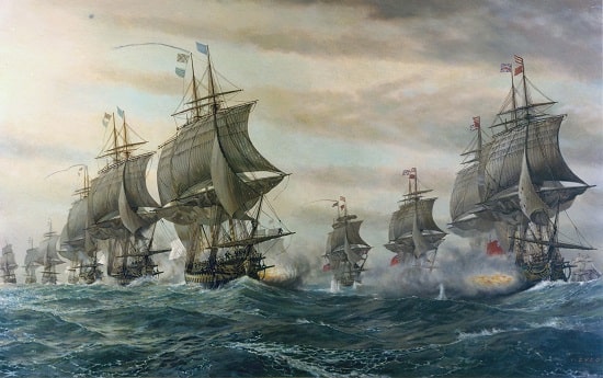 French (left) and British ships (right) at the Battle of the Chesapeake off Yorktown in 1781