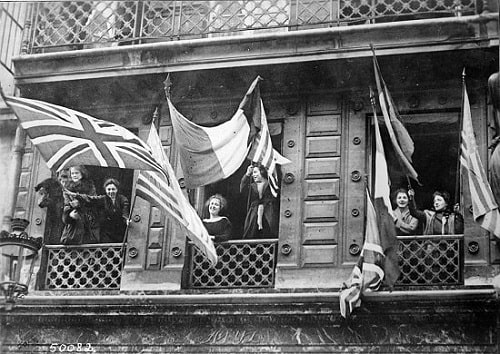 Luxembourgers celebrating the liberation of their country and welcoming the arrival of Allied soldiers after the Armistice