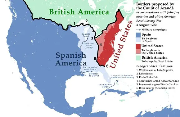 North American borders proposed by the Spanish diplomacy near the end of the American Revolutionary War