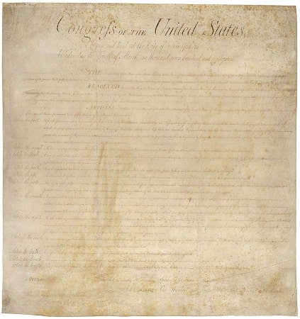 First page of an original copy of the twelve proposed articles of amendment, as passed by Congress