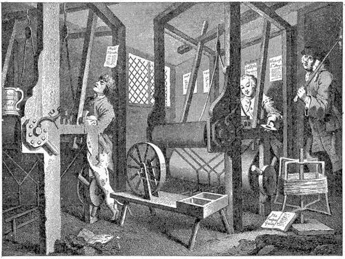Handloom weaving in 1747, from William Hogarth's Industry and Idleness