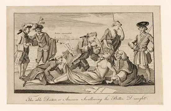 Patriot cartoon depicting the Coercive Acts as the forcing of tea on a Native American woman