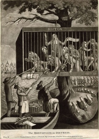 Satirical image depicting three sailors feeding fish to imprisoned Bostonian citizens