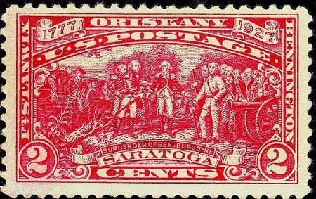 The Surrender of General Burgoyne to General Horatio Gates, depicted on U.S. Commemorative Postage Stamp